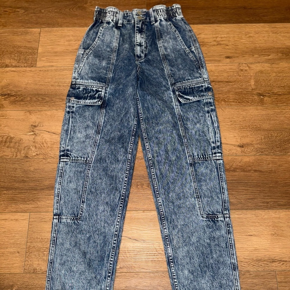 Y2K Cargo Denim Jeans L Acid Wash Retro Old School Straight Leg 90’s Indie Chic